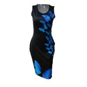 Ladies' Round Neck Butterfly Print Slimming Dress