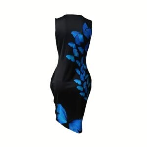 Ladies' Round Neck Butterfly Print Slimming Dress
