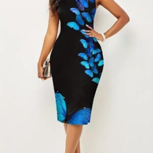 Ladies' Round Neck Butterfly Print Slimming Dress