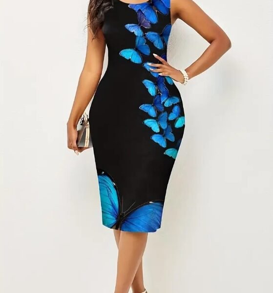Ladies' Round Neck Butterfly Print Slimming Dress