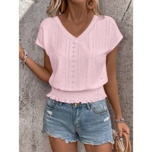 Stylish Women’s Summer Eyelet V-Neck Top - Casual Short Sleeve Smocked Blouse & Loose Tunic