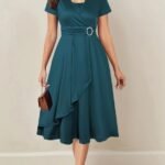 Elegant Navy Asymmetrical Hem V-Neck Dress with Rhinestones - Short Sleeve Cross Design