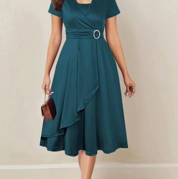 Elegant Navy Asymmetrical Hem V-Neck Dress with Rhinestones - Short Sleeve Cross Design