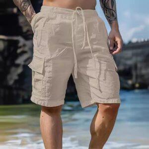 Cotton Linen Shorts Drawstring Elastic Waist Straight Leg Solid Color Breathable Beach Shorts