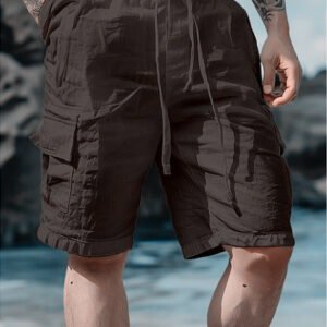 Cotton Linen Shorts Drawstring Elastic Waist Straight Leg Solid Color Breathable Beach Shorts