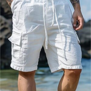 Cotton Linen Shorts Drawstring Elastic Waist Straight Leg Solid Color Breathable Beach Shorts